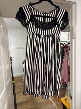 Dolce & Gabbana Black and White Striped Lace-Trim mini dress